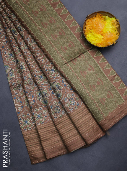 Semi tussar saree brown shade with allover ajrakh prints and katha stitch work pallu & border