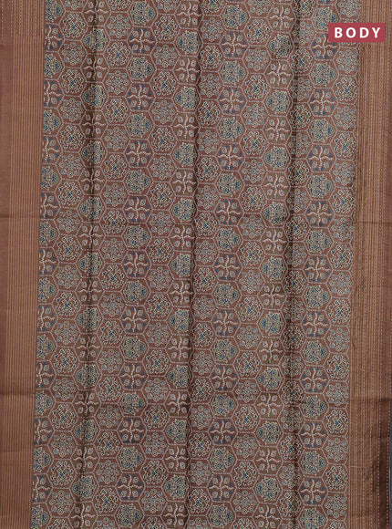 Semi tussar saree brown shade with allover ajrakh prints and katha stitch work pallu & border