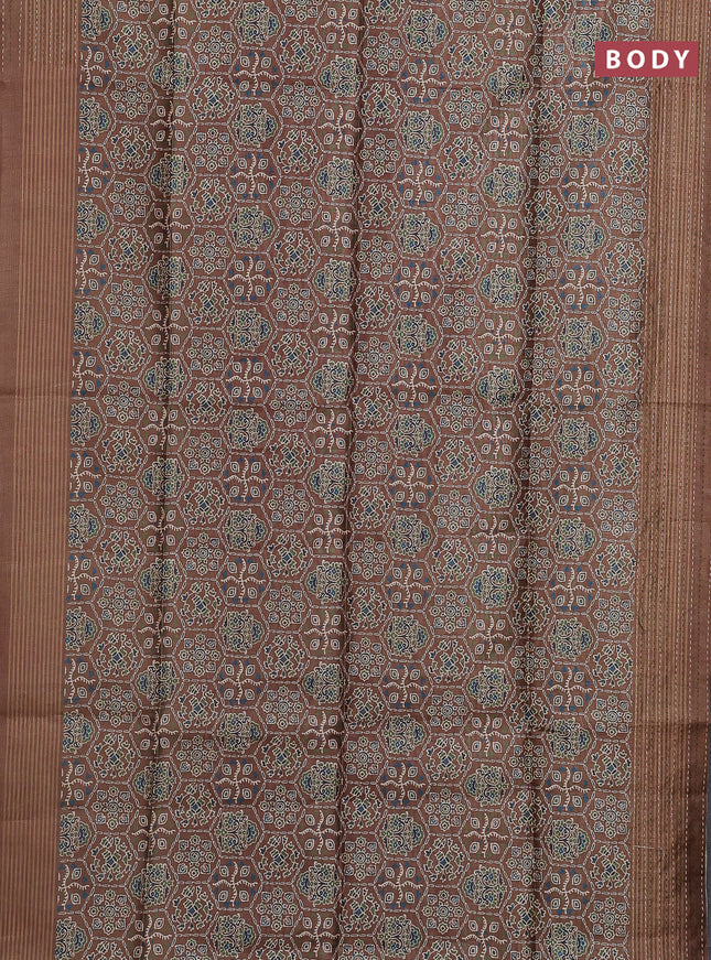 Semi tussar saree brown shade with allover ajrakh prints and katha stitch work pallu & border