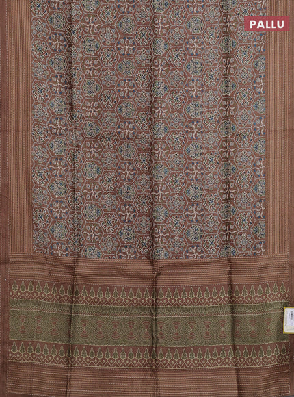 Semi tussar saree brown shade with allover ajrakh prints and katha stitch work pallu & border