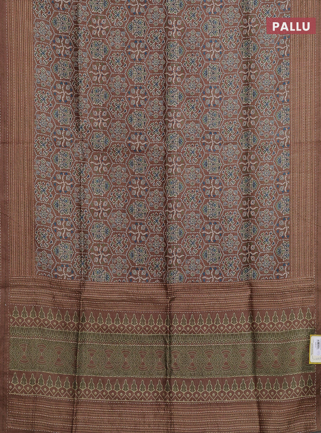 Semi tussar saree brown shade with allover ajrakh prints and katha stitch work pallu & border