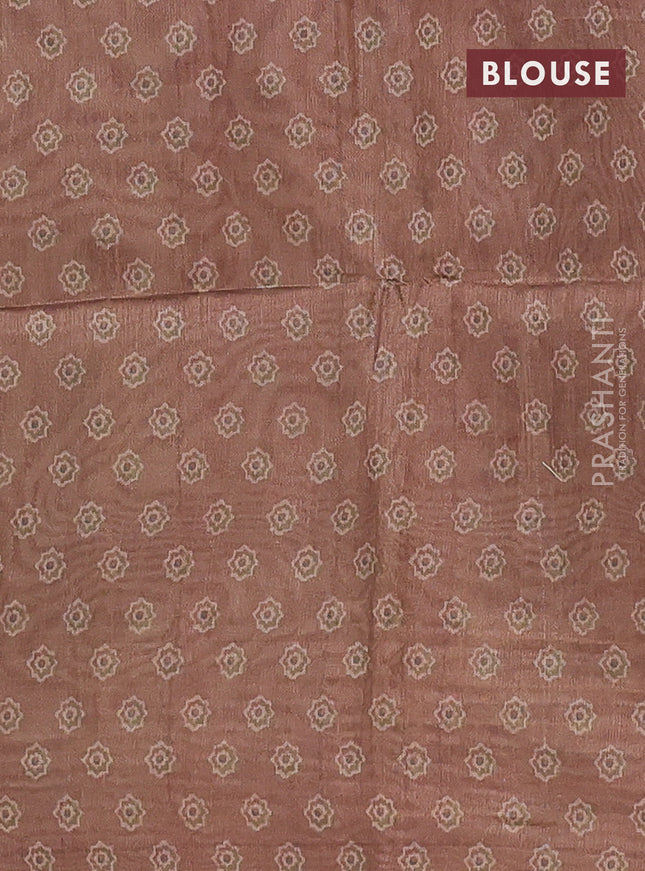 Semi tussar saree brown shade with allover ajrakh prints and katha stitch work pallu & border