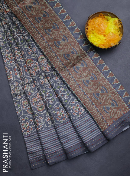 Semi tussar saree grey with allover ajrakh prints and katha stitch work pallu & border