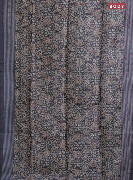 Semi tussar saree grey with allover ajrakh prints and katha stitch work pallu & border