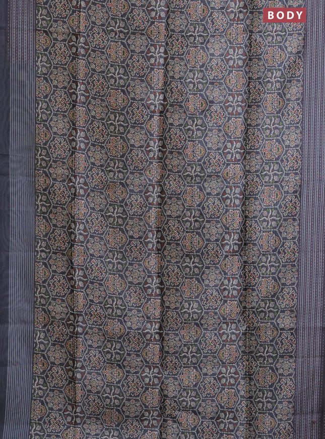 Semi tussar saree grey with allover ajrakh prints and katha stitch work pallu & border