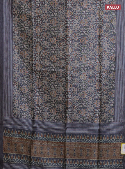 Semi tussar saree grey with allover ajrakh prints and katha stitch work pallu & border