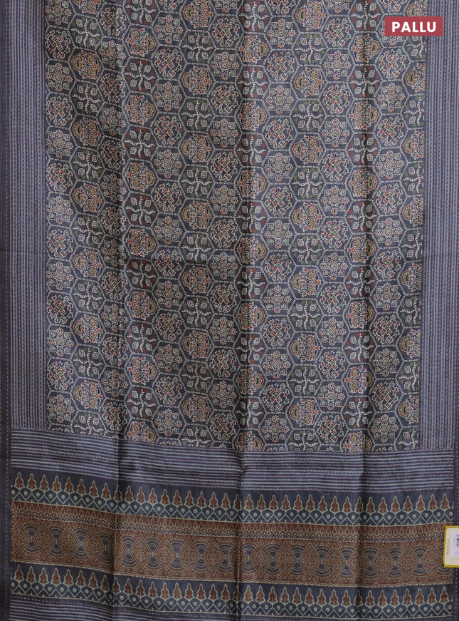 Semi tussar saree grey with allover ajrakh prints and katha stitch work pallu & border