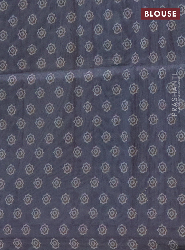 Semi tussar saree grey with allover ajrakh prints and katha stitch work pallu & border