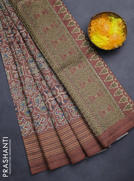 Semi tussar saree brown with allover ajrakh prints and katha stitch work pallu & border