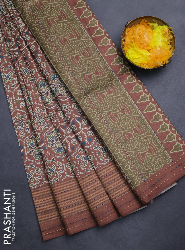 Semi tussar saree brown with allover ajrakh prints and katha stitch work pallu & border