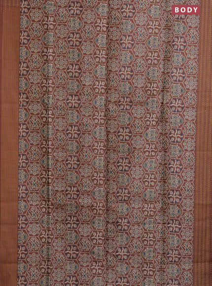 Semi tussar saree brown with allover ajrakh prints and katha stitch work pallu & border