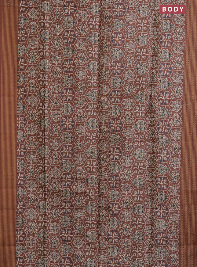 Semi tussar saree brown with allover ajrakh prints and katha stitch work pallu & border
