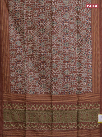 Semi tussar saree brown with allover ajrakh prints and katha stitch work pallu & border