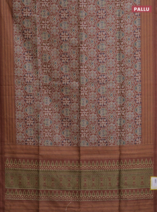 Semi tussar saree brown with allover ajrakh prints and katha stitch work pallu & border