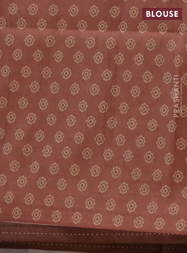 Semi tussar saree brown with allover ajrakh prints and katha stitch work pallu & border