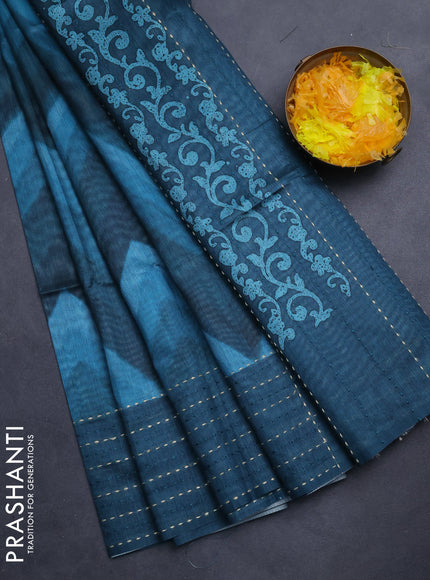 Semi tussar saree peacock green with allover zig zag prints and katha stitch work pallu & border