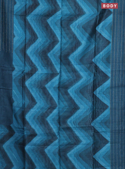 Semi tussar saree peacock green with allover zig zag prints and katha stitch work pallu & border