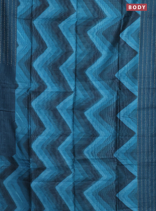 Semi tussar saree peacock green with allover zig zag prints and katha stitch work pallu & border