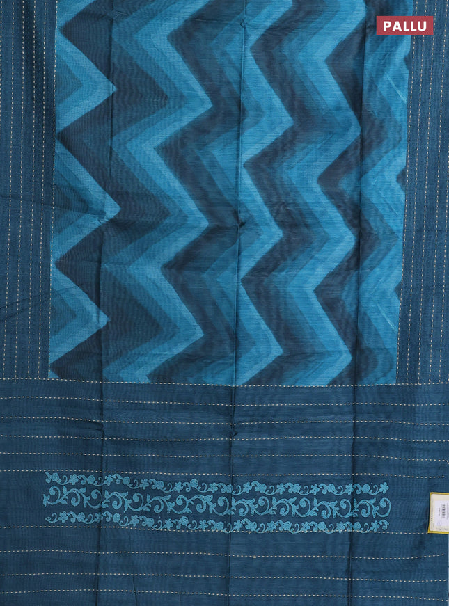 Semi tussar saree peacock green with allover zig zag prints and katha stitch work pallu & border