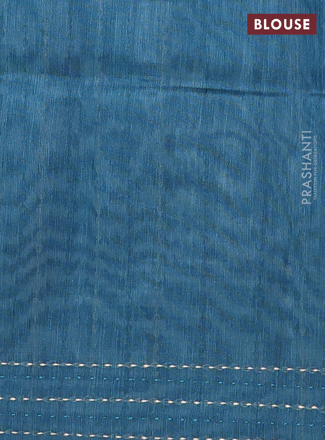 Semi tussar saree peacock green with allover zig zag prints and katha stitch work pallu & border