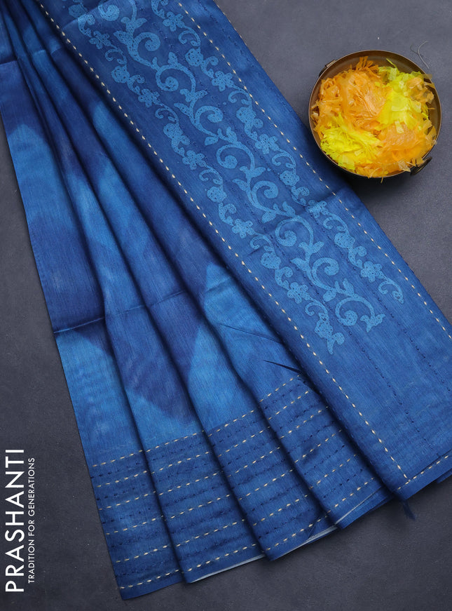 Semi tussar saree cs blue and dark blue with allover zig zag prints and katha stitch work pallu & border