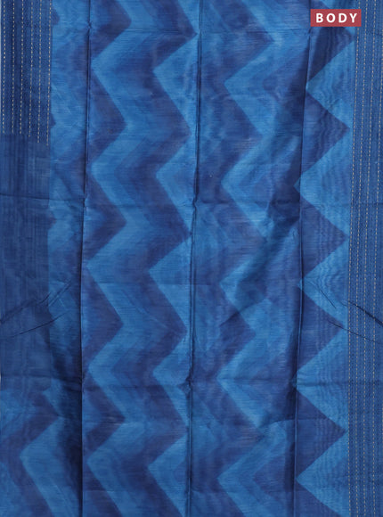 Semi tussar saree cs blue and dark blue with allover zig zag prints and katha stitch work pallu & border
