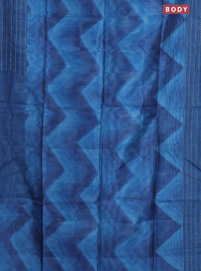 Semi tussar saree cs blue and dark blue with allover zig zag prints and katha stitch work pallu & border