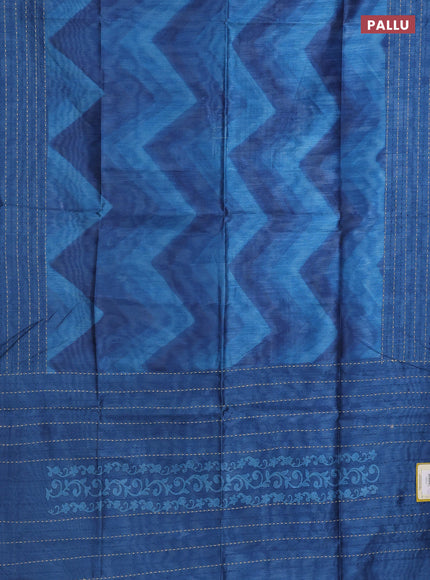 Semi tussar saree cs blue and dark blue with allover zig zag prints and katha stitch work pallu & border
