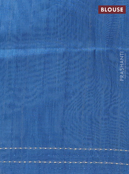 Semi tussar saree cs blue and dark blue with allover zig zag prints and katha stitch work pallu & border
