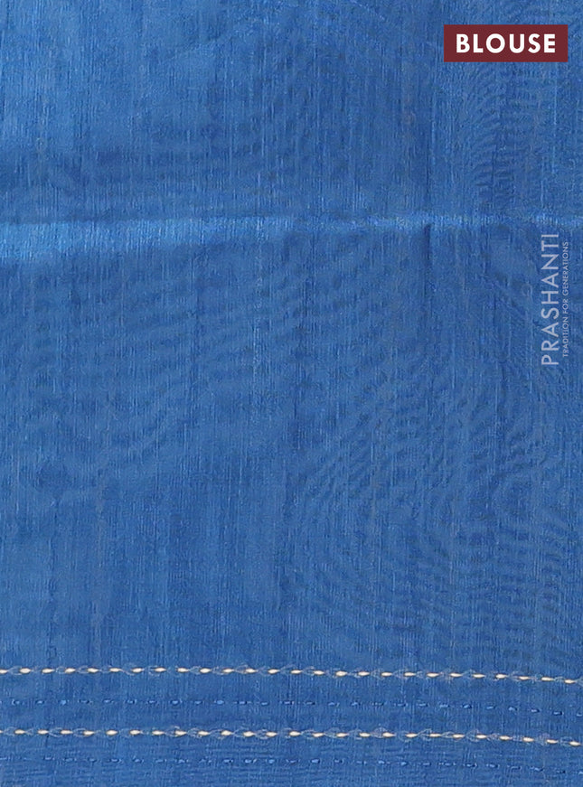 Semi tussar saree cs blue and dark blue with allover zig zag prints and katha stitch work pallu & border