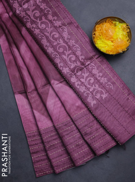 Semi tussar saree mauve pink and wine shade with allover zig zag prints and katha stitch work pallu & border