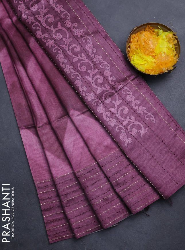 Semi tussar saree mauve pink and wine shade with allover zig zag prints and katha stitch work pallu & border