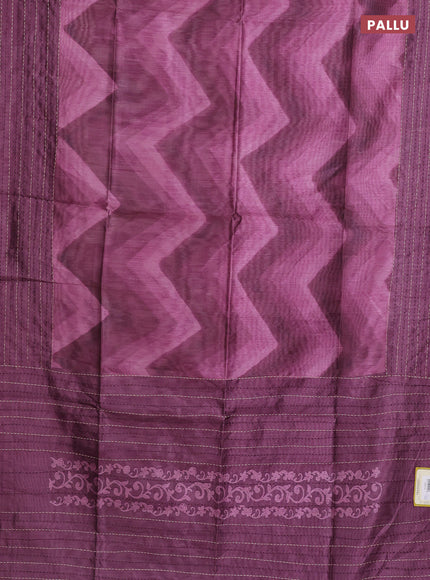 Semi tussar saree mauve pink and wine shade with allover zig zag prints and katha stitch work pallu & border