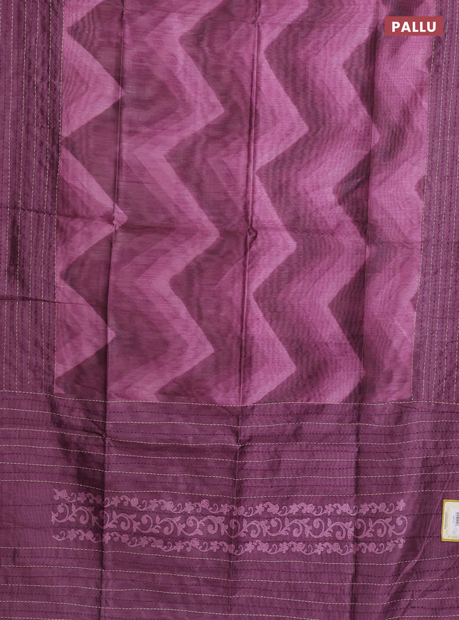 Semi tussar saree mauve pink and wine shade with allover zig zag prints and katha stitch work pallu & border