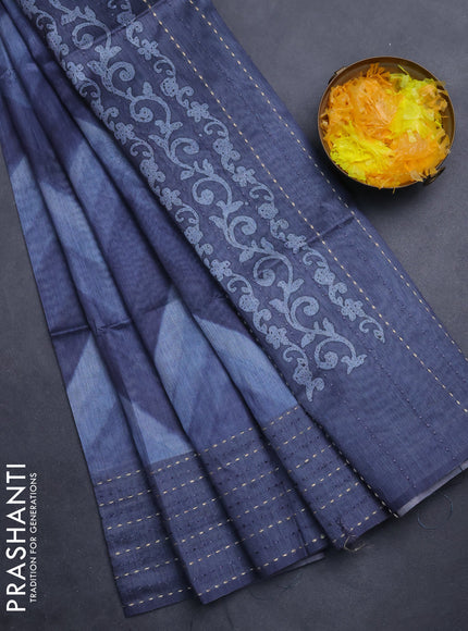Semi tussar saree bluish grey with allover zig zag prints and katha stitch work pallu & border