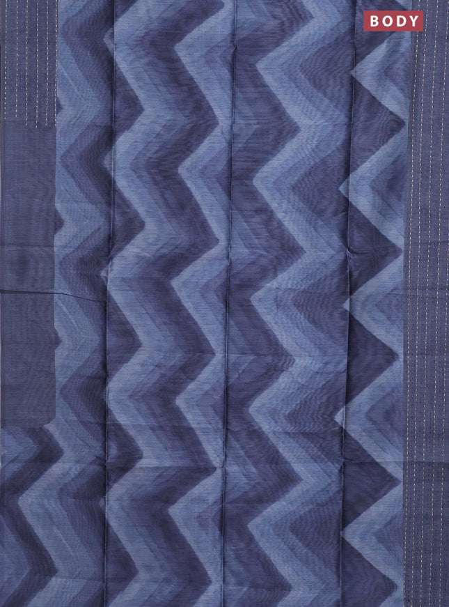 Semi tussar saree bluish grey with allover zig zag prints and katha stitch work pallu & border