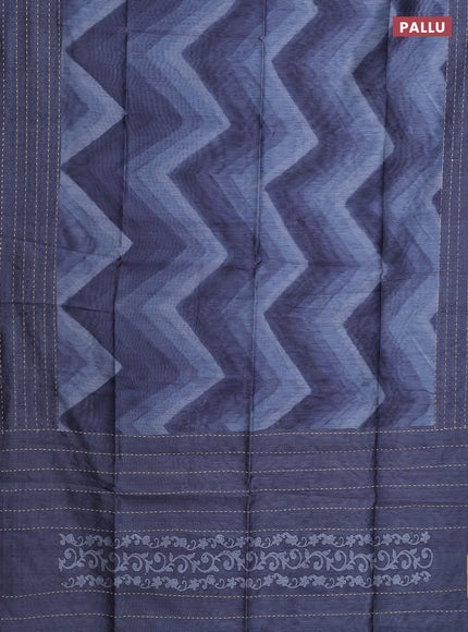 Semi tussar saree bluish grey with allover zig zag prints and katha stitch work pallu & border