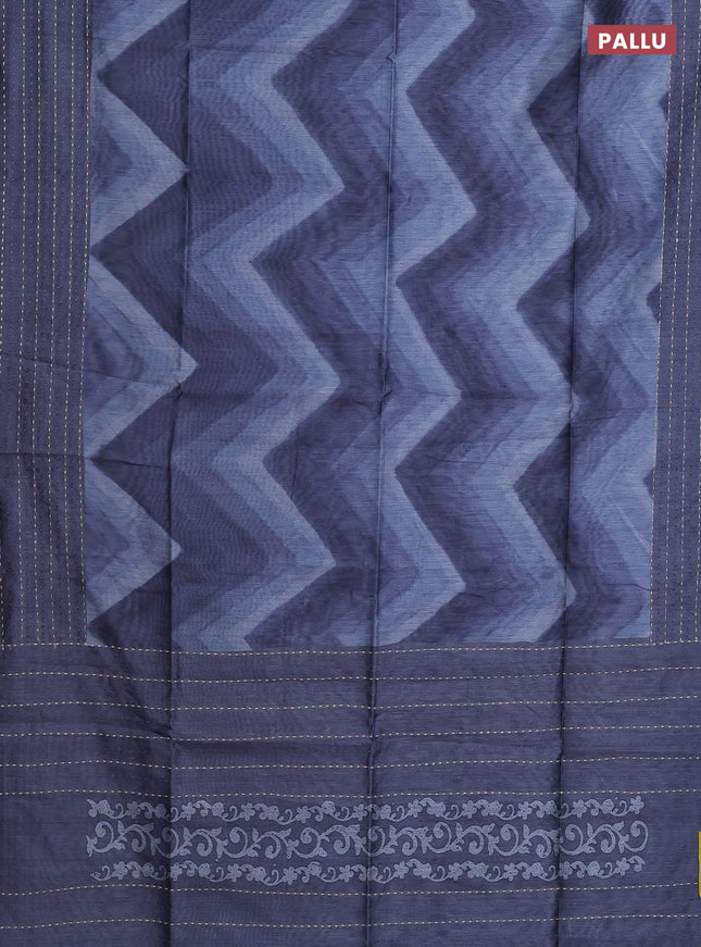 Semi tussar saree bluish grey with allover zig zag prints and katha stitch work pallu & border