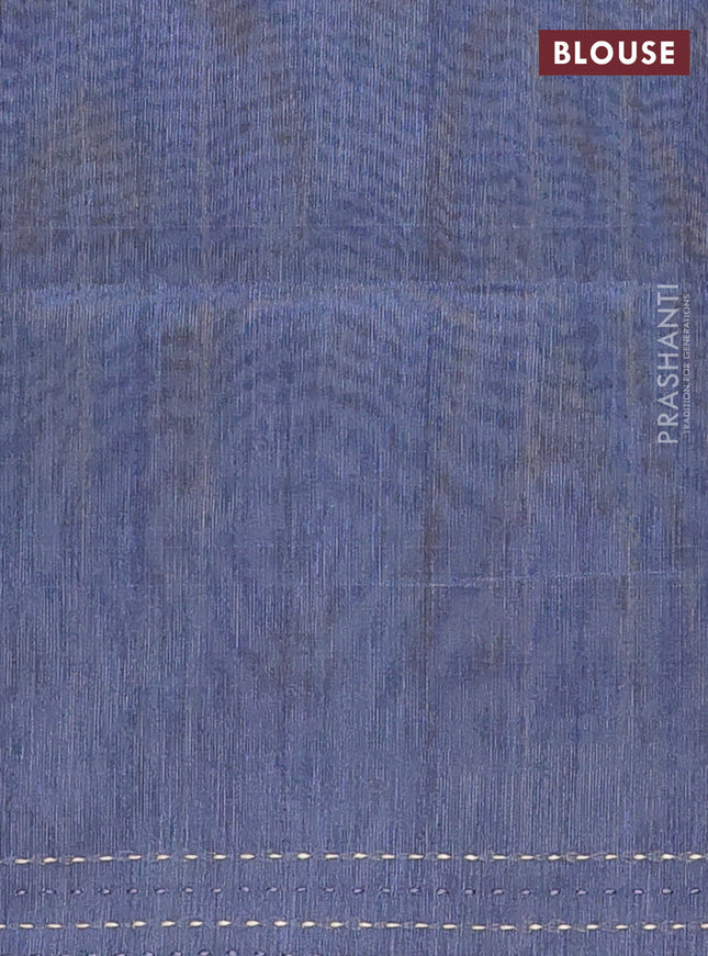 Semi tussar saree bluish grey with allover zig zag prints and katha stitch work pallu & border