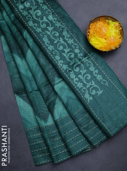 Semi tussar saree green with allover zig zag prints and katha stitch work pallu & border