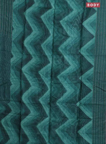 Semi tussar saree green with allover zig zag prints and katha stitch work pallu & border