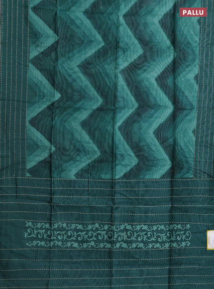 Semi tussar saree green with allover zig zag prints and katha stitch work pallu & border