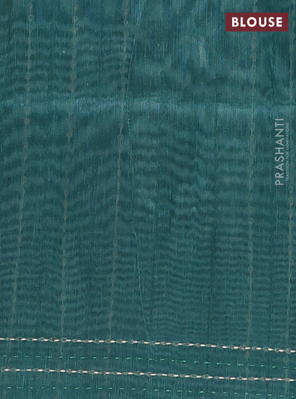 Semi tussar saree green with allover zig zag prints and katha stitch work pallu & border