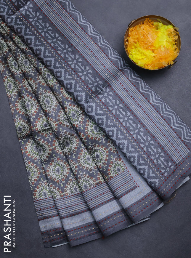 Semi tussar saree grey with allover prints and kantha stitch work border