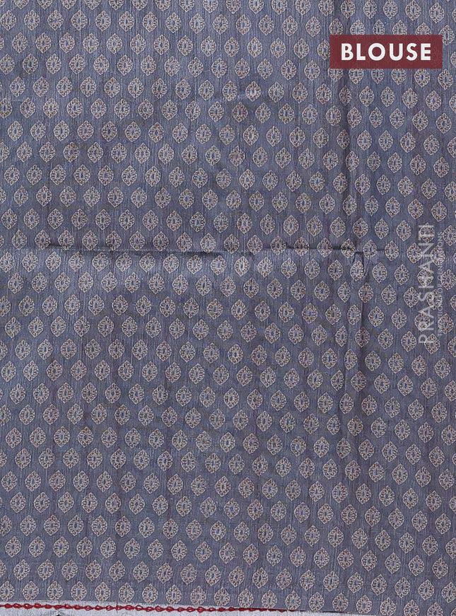 Semi tussar saree grey with allover prints and kantha stitch work border