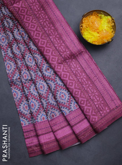 Semi tussar saree wine shade with allover prints and kantha stitch work border