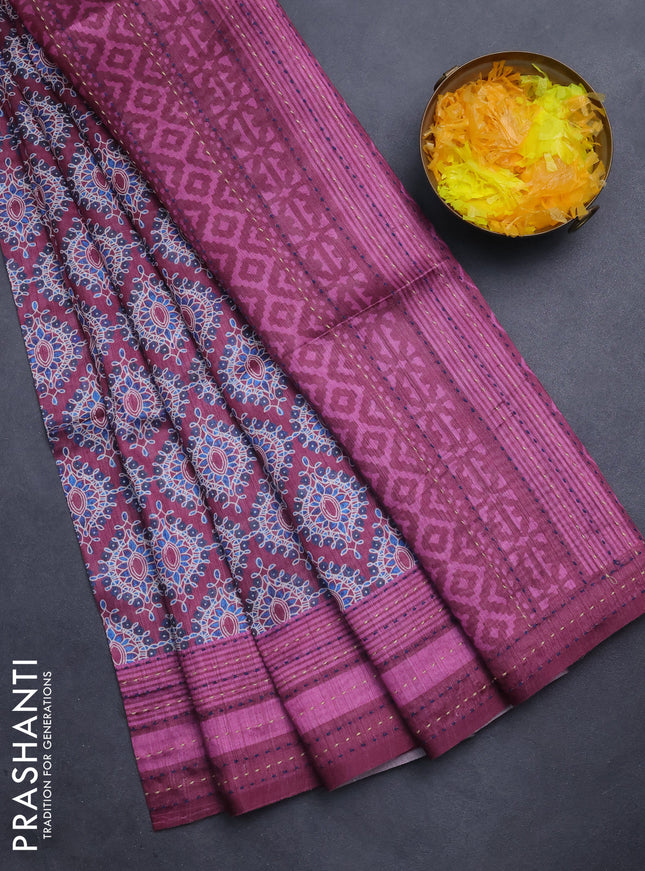 Semi tussar saree wine shade with allover prints and kantha stitch work border