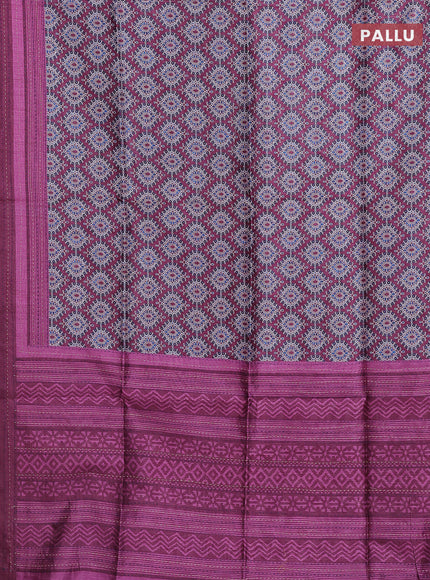Semi tussar saree wine shade with allover prints and kantha stitch work border