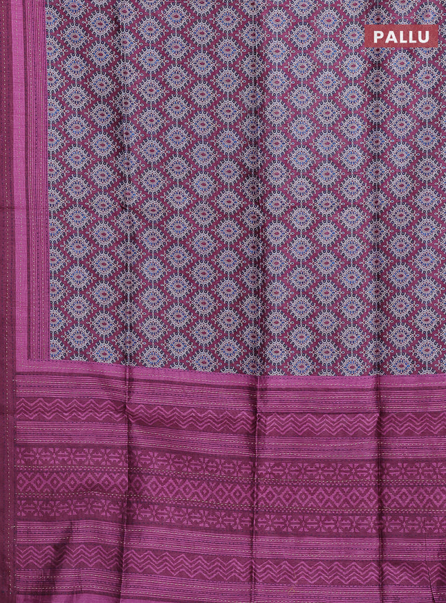 Semi tussar saree wine shade with allover prints and kantha stitch work border