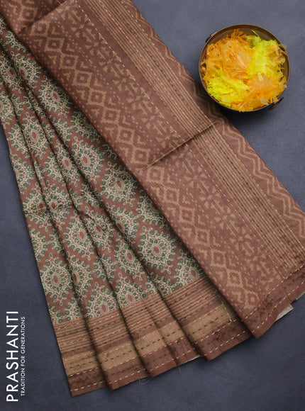 Semi tussar saree brown and green with allover prints and kantha stitch work border